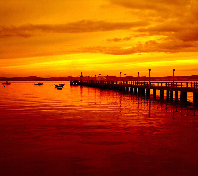 Pier at Sunset — Orange, Dramatic, Photograph, Boats, Lighthouse