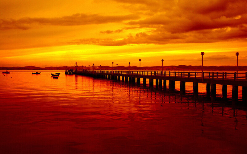 Pier at Sunset — Orange, Dramatic, Photograph, Boats