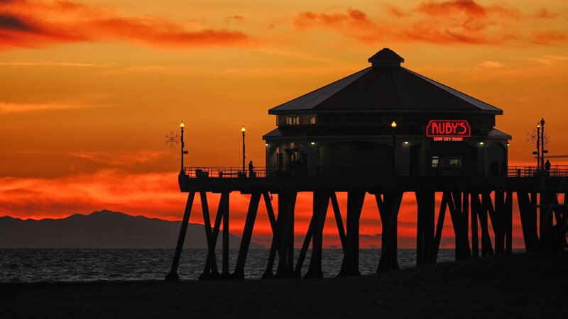 Pier at Sunset — Orange, Dramatic, Photograph, Building