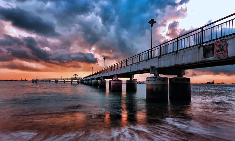 Pier at Sunset — Orange, Dramatic, Photograph, Clouds