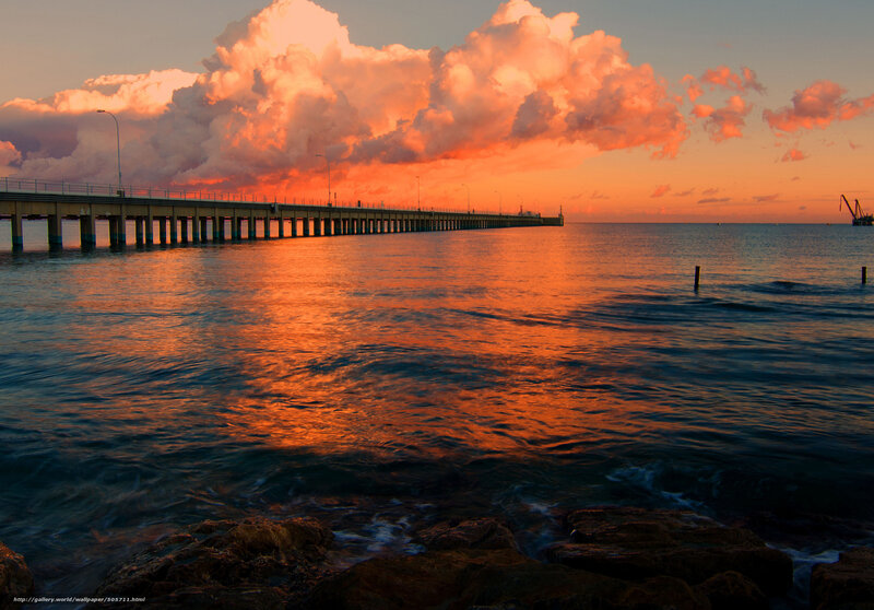 Pier at Sunset — Orange, Dramatic, Photograph, Clouds, Water