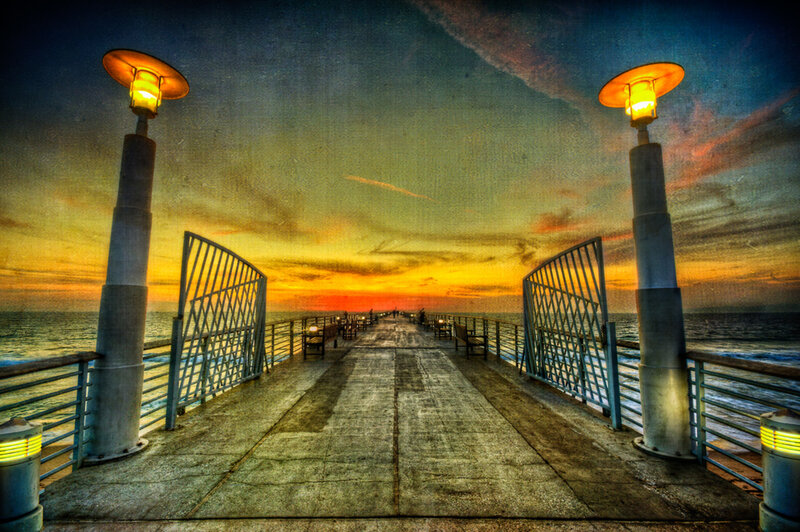 Pier at Sunset — Orange, Dramatic, Photograph, Lamps