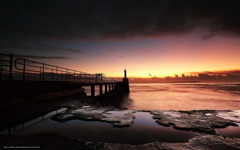 Pier at Sunset — Orange, Dramatic, Photograph, Lighthouse, Ocean