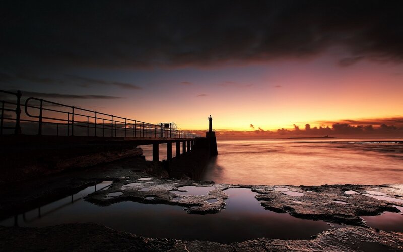 Pier at Sunset — Orange, Dramatic, Photograph, Lighthouse
