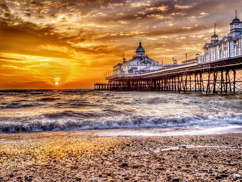 Pier at Sunset — Orange, Dramatic, Photograph, Ocean, Beach