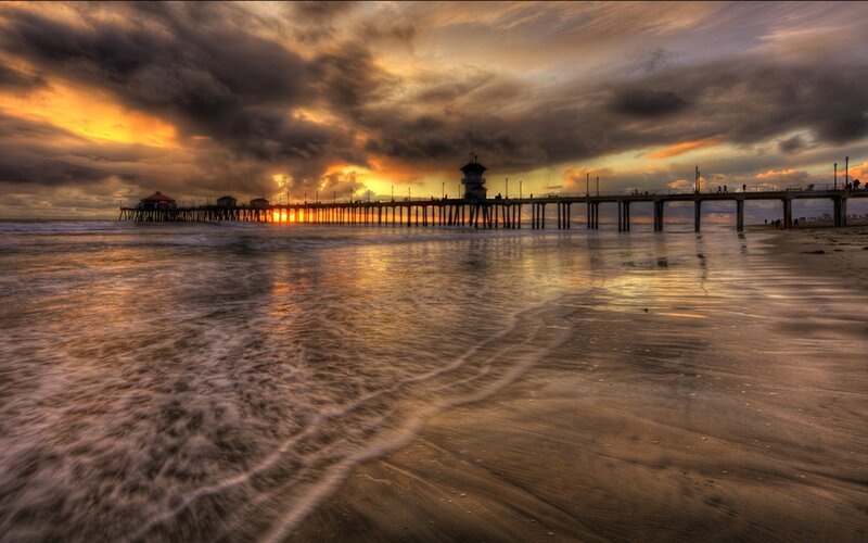 Pier at Sunset — Orange, Dramatic, Photograph, Ocean, Clouds, Beach, Gray