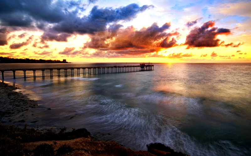 Pier at Sunset — Orange, Dramatic, Photograph, Ocean, Clouds, Beach