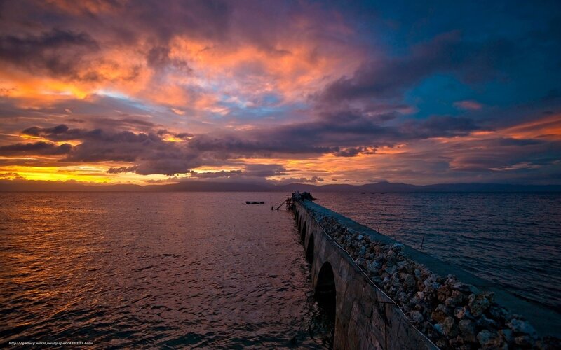 Pier at Sunset — Orange, Dramatic, Photograph, Ocean, Clouds, Mountains