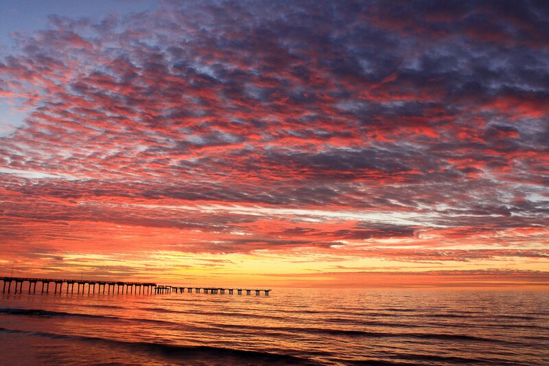 Pier at Sunset — Orange, Dramatic, Photograph, Ocean, Clouds, Sky