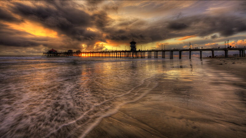 Pier at Sunset — Orange, Dramatic, Photograph, Ocean, Clouds