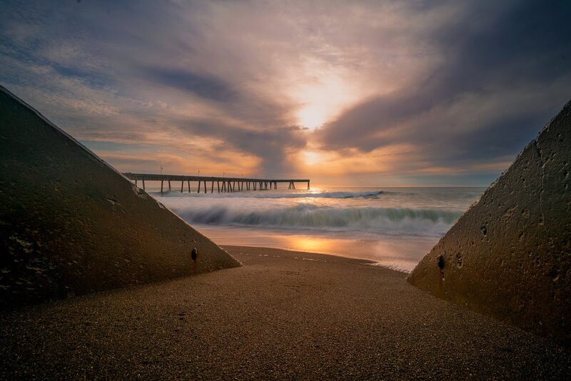 Pier at Sunset — Orange, Dramatic, Photograph, Ocean, Sand