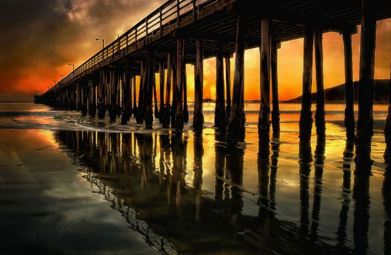 Pier at Sunset — Orange, Dramatic, Photograph, Ocean, Sky, Beach