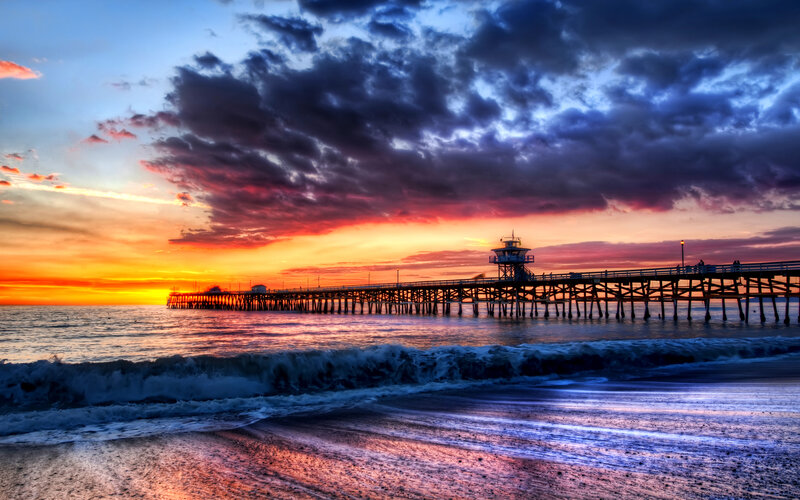Pier at Sunset — Orange, Dramatic, Photograph, Ocean, Sky, Clouds