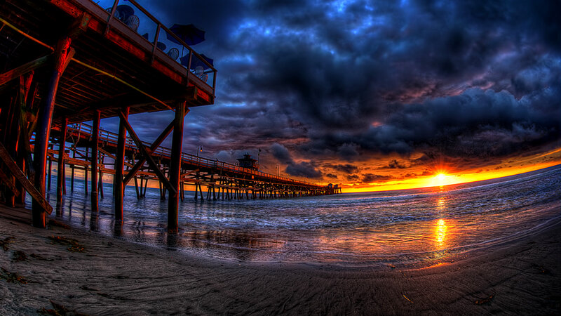 Pier at Sunset — Orange, Dramatic, Photograph, Ocean, Sky, Sand