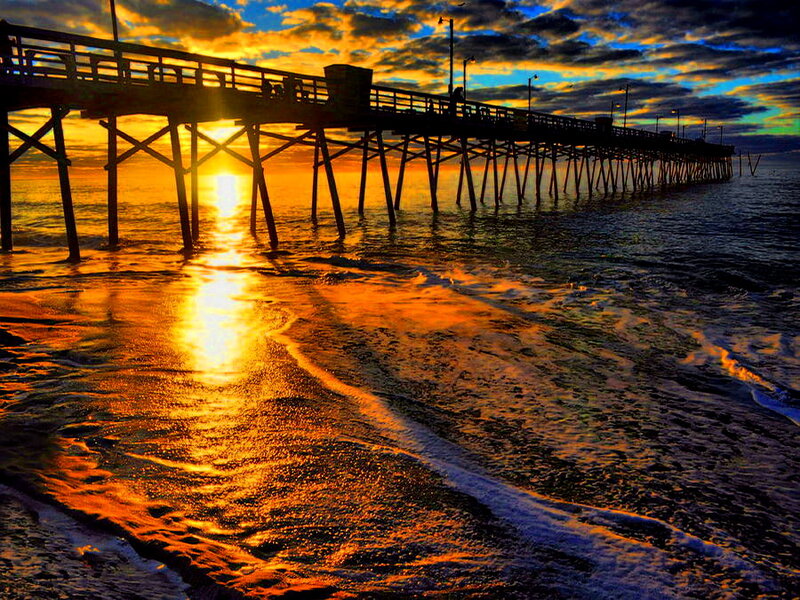 Pier at Sunset — Orange, Dramatic, Photograph, Ocean, Sky, Sun