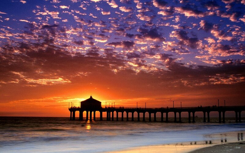 Pier at Sunset — Orange, Dramatic, Photograph, Ocean, Sky