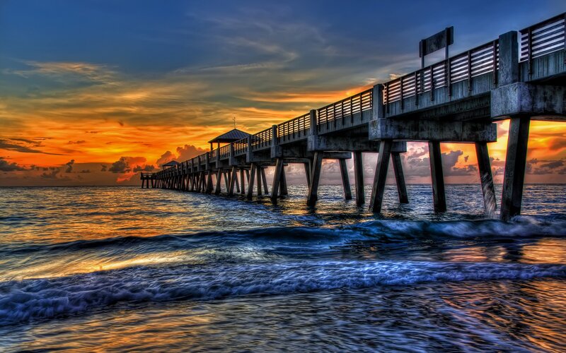 Pier at Sunset — Orange, Dramatic, Photograph, Ocean, Sky, Waves
