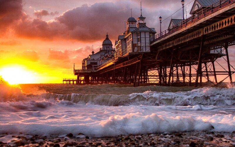 Pier at Sunset — Orange, Dramatic, Photograph, Ocean, Waves, Clouds