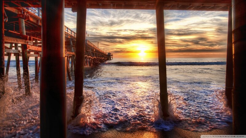 Pier at Sunset — Orange, Dramatic, Photograph, Ocean, Waves