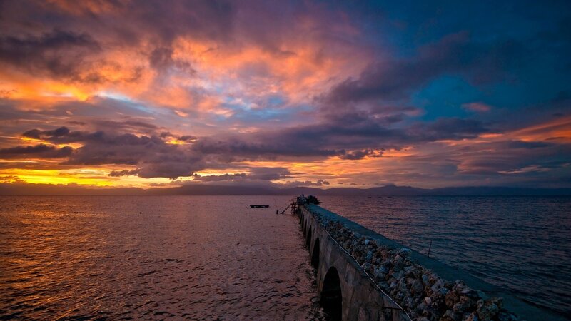 Pier at Sunset — Orange, Dramatic, Photograph, Sea