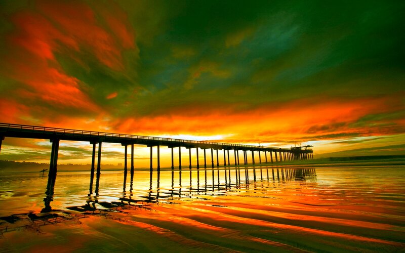 Pier at Sunset — Orange, Dramatic, Photograph, Sky, Beach