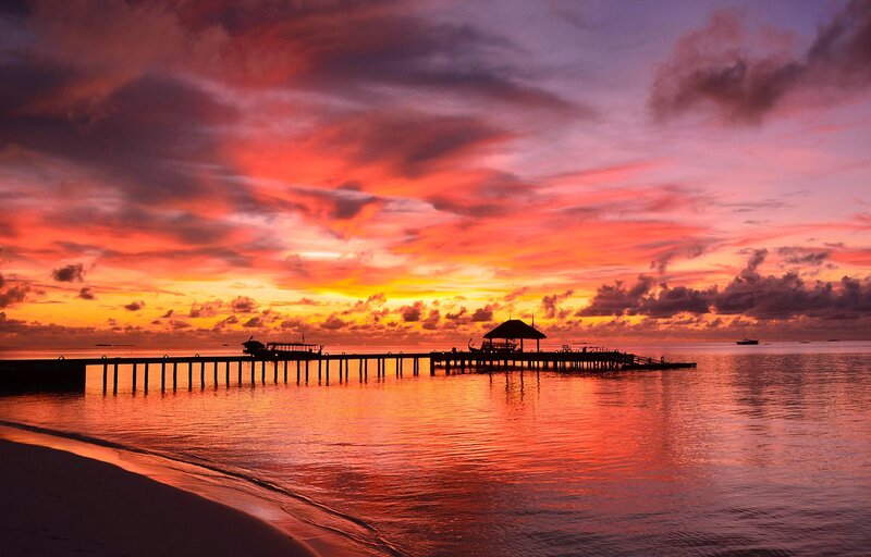 Pier at Sunset — Orange, Dramatic, Photograph, Sky, Ocean, Beach
