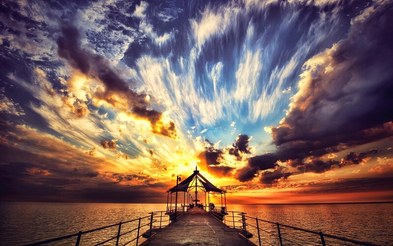 Pier at Sunset — Orange, Dramatic, Photograph, Sky, Ocean, Gazebo