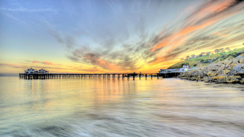 Pier at Sunset — Orange, Dramatic, Photograph, Sky, Ocean, Rocks