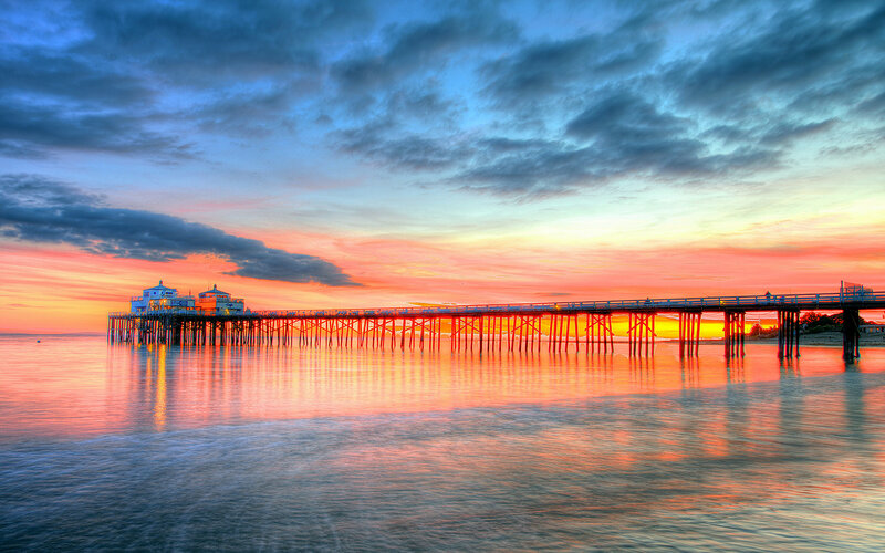 Pier at Sunset — Orange, Dramatic, Photograph, Sky, Water, Clouds