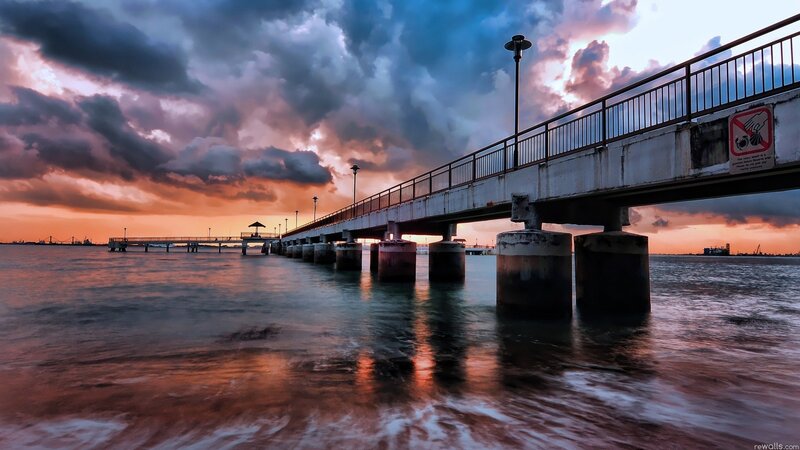 Pier at Sunset — Orange, Dramatic, Photograph, Sky, Water