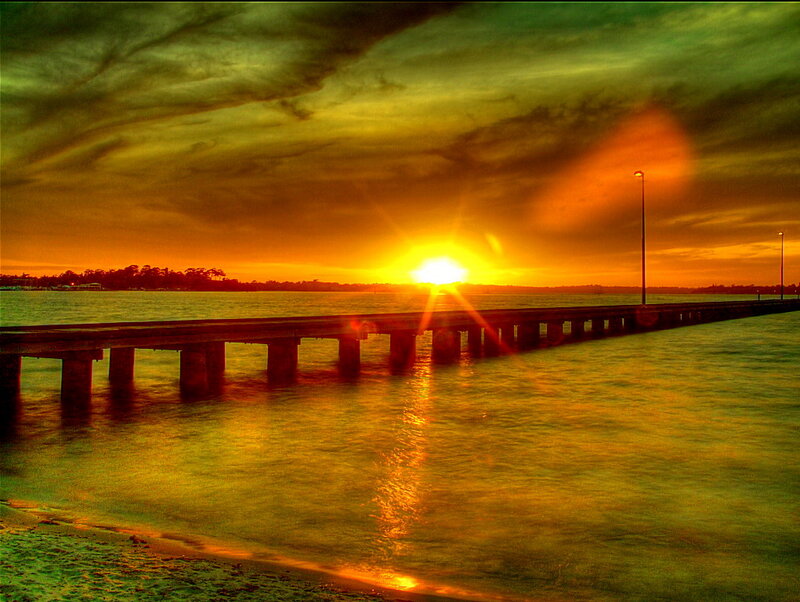 Pier at Sunset — Orange, Dramatic, Photograph, Sun, Clouds, Water