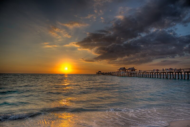 Pier at Sunset — Orange, Dramatic, Photograph, Sun, Ocean, Clouds