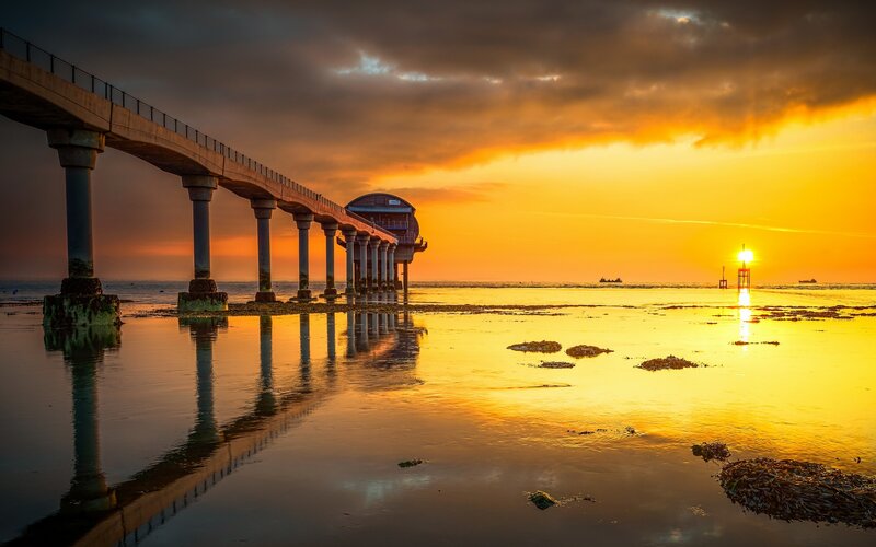 Pier at Sunset — Orange, Dramatic, Photograph, Sun, Sea