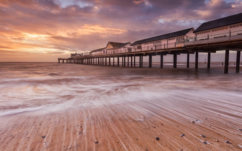 Pier at Sunset — Orange, Serene, Photograph, Beach, Ocean