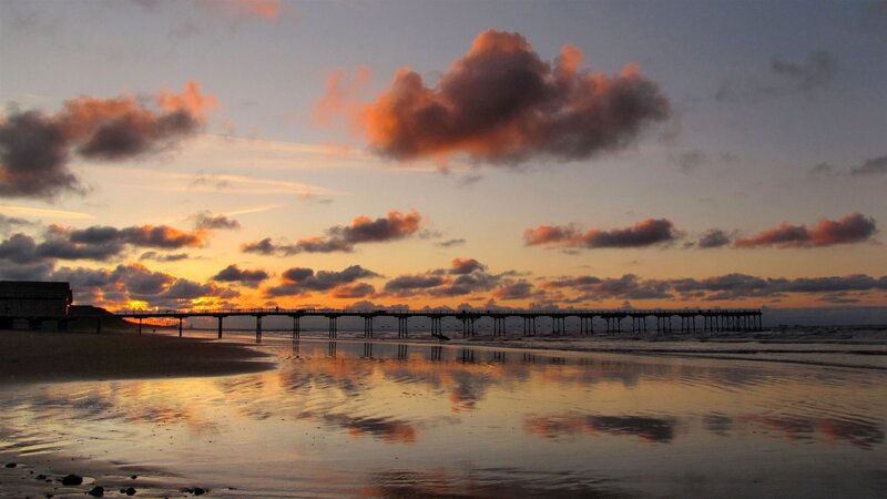 Pier at Sunset — Orange, Serene, Photograph, Beach