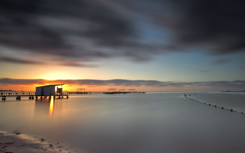 Pier at Sunset — Orange, Serene, Photograph, Clouds