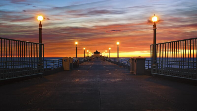 Pier at Sunset — Orange, Serene, Photograph, Lights