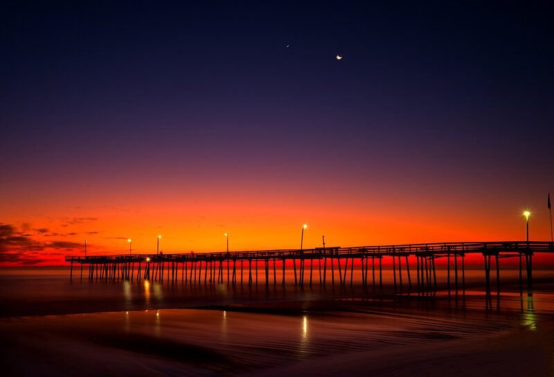 Pier at Sunset — Orange, Serene, Photograph, Moon