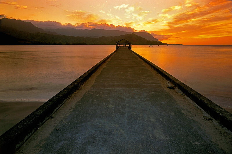 Pier at Sunset — Orange, Serene, Photograph, Mountains