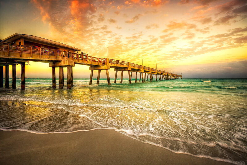Pier at Sunset — Orange, Serene, Photograph, Ocean, Beach
