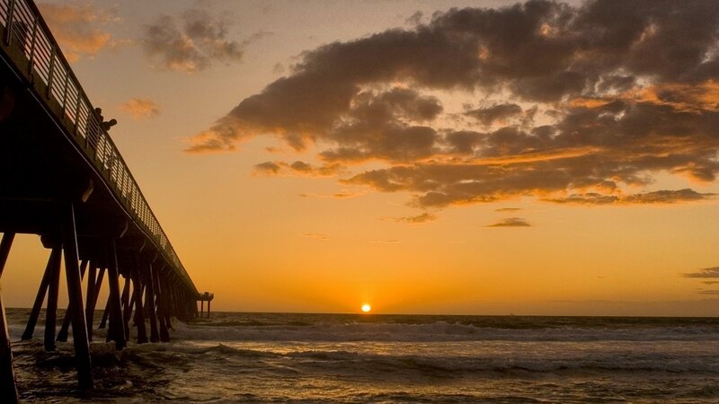 Pier at Sunset — Orange, Serene, Photograph, Ocean, Clouds, Sun