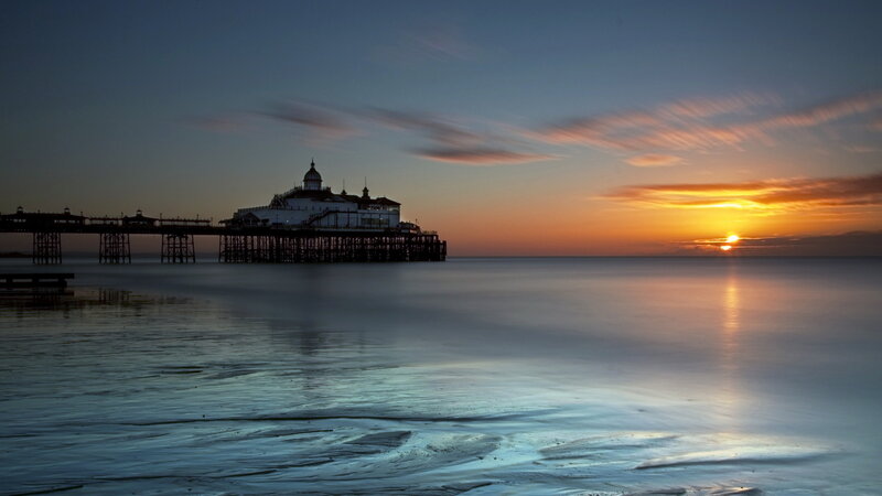 Pier at Sunset — Orange, Serene, Photograph, Ocean, Clouds