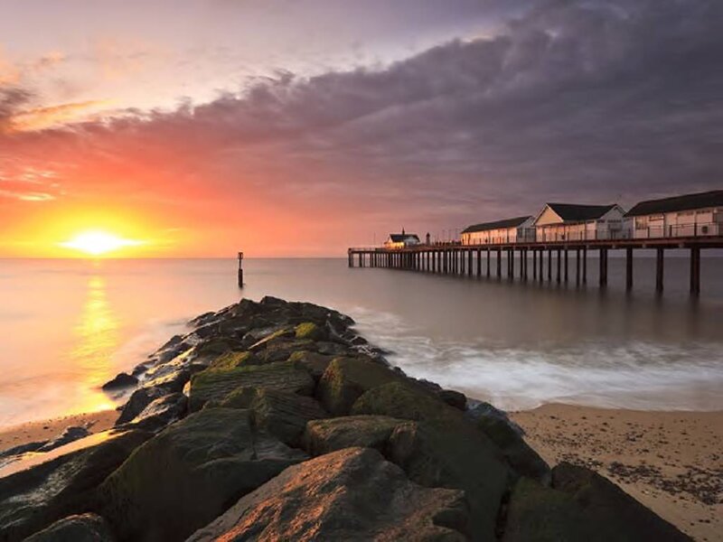 Pier at Sunset — Orange, Serene, Photograph, Ocean, Rocks