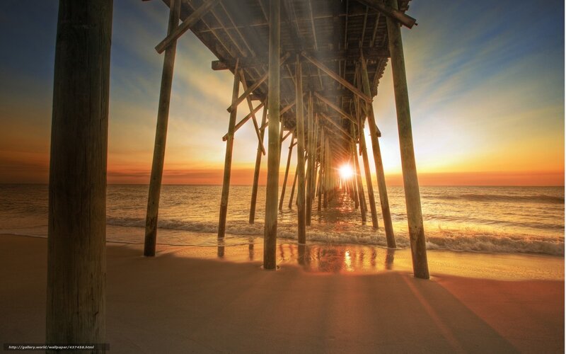 Pier at Sunset — Orange, Serene, Photograph, Ocean, Sand, Sun, Blue