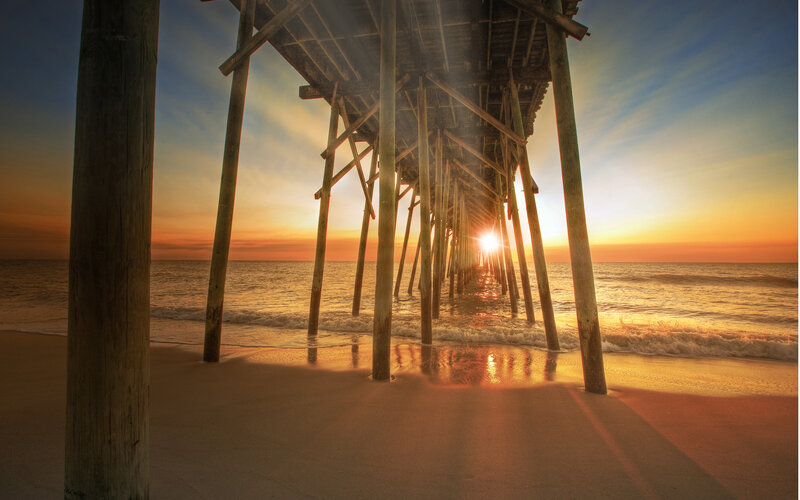 Pier at Sunset — Orange, Serene, Photograph, Ocean, Sand