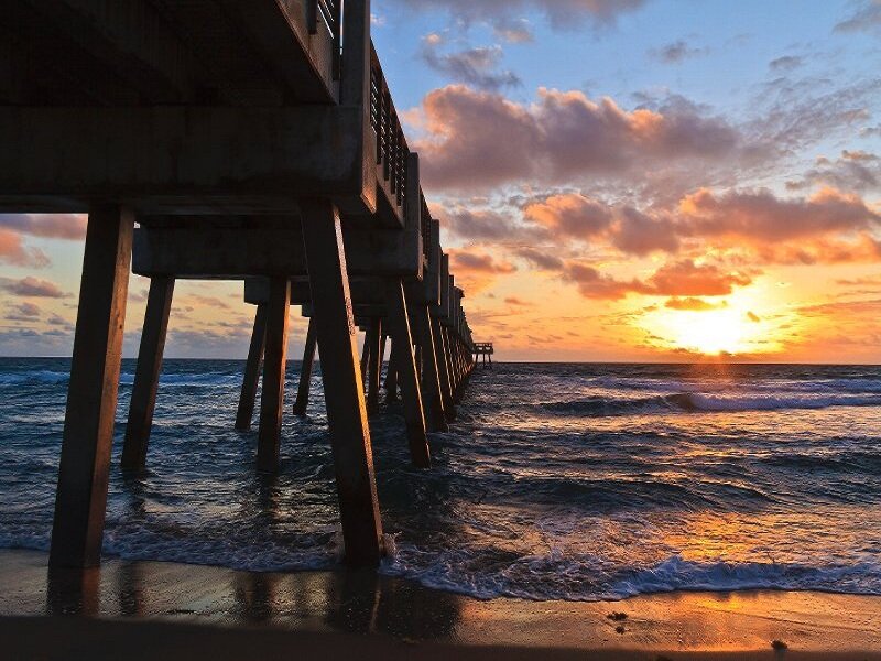 Pier at Sunset — Orange, Serene, Photograph, Ocean, Sky, Clouds