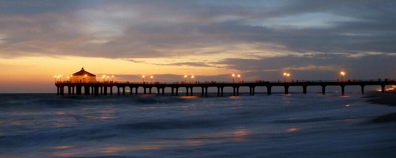 Pier at Sunset — Orange, Serene, Photograph, Ocean, Sky, Lights, Blue, Black