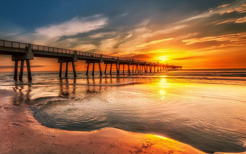 Pier at Sunset — Orange, Serene, Photograph, Ocean, Sky, Sand, Blue, Yellow
