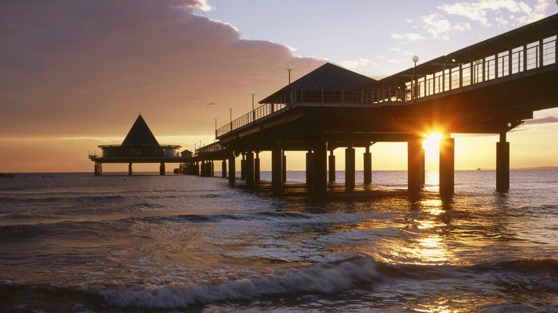 Pier at Sunset — Orange, Serene, Photograph, Ocean, Sky, Sun, Blue, Black