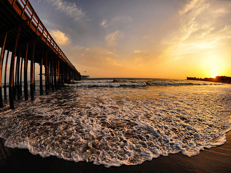 Pier at Sunset — Orange, Serene, Photograph, Ocean, Waves